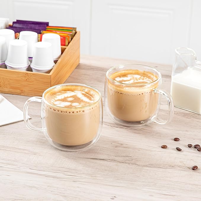 Restaurantware Glass Espresso Cups 12 Count 17 Ounces Borosilicate Double Wall Glass Coffee Mugs Insulated Clear Tea Drinkware for Hot or Cold Beverages