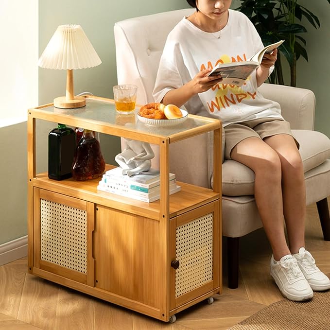 Side Table Glass Top Movable End Table Coffee Station Table, MDF Coffee Bar Stand Cart with Storage Coffee Table on Wheels,for Home Kitchen, Entryway, Living Room,Dining Room(Light Brown)