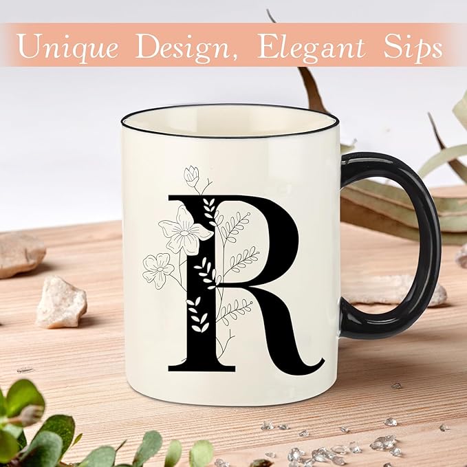 Monogram Ceramic Coffee Mugs, 11 oz Initial Drinking Cup with Gift Box, Unique Birthday Christmas Gifts for Women Wife Mothers Day Grandma Mom Aunt, R