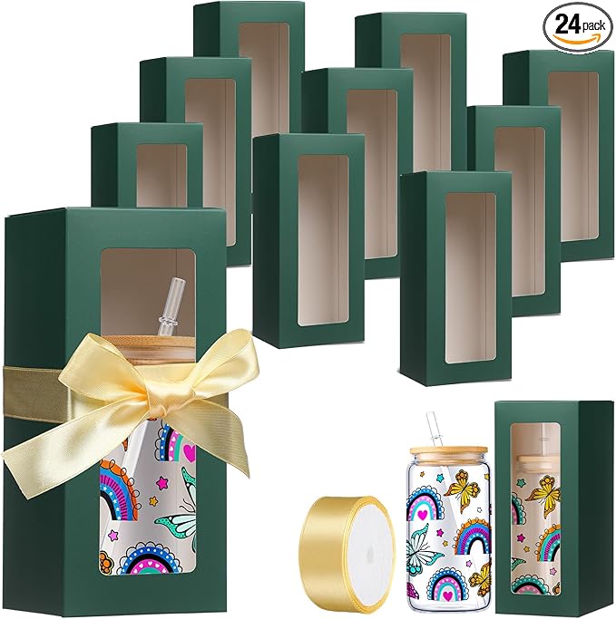 Honoson 24 Pcs Tumbler Gift Box with Ribbon for Sublimation Glass Exhibition Boxes Transparent for 12oz 16oz 20oz Drinking Cup Glasses Jars Mug Can Blanks(Green)