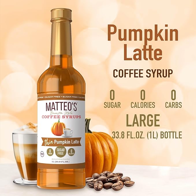 Matteo's Pumpkin Latte Syrup for Coffee, Lattes, Cappuccinos & Desserts – Sugar-Free Sweetener for Beverages, Keto Friendly, Zero Calories, Indulgent Flavor, Non-Alcoholic, 33.8oz (6pk)