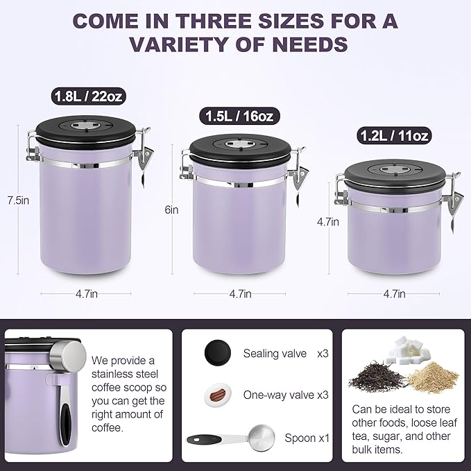 ShanSon Coffee Canister Airtight Coffee Container Stainless Steel Coffee Bean Storage Container with Scoop Coffee Canister for Beans Grounds Sugar Flour Tea Cereal,11OZ, Purple
