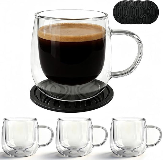 Glass Coffee Mugs Set Of 4, 10oz Double Walled Insulated Glass Mugs with Handle and Coaster, Heat Resistant Borosilicate Clear Glass Cups for Espresso Latte Cappuccino, Tea Bag, Beverage