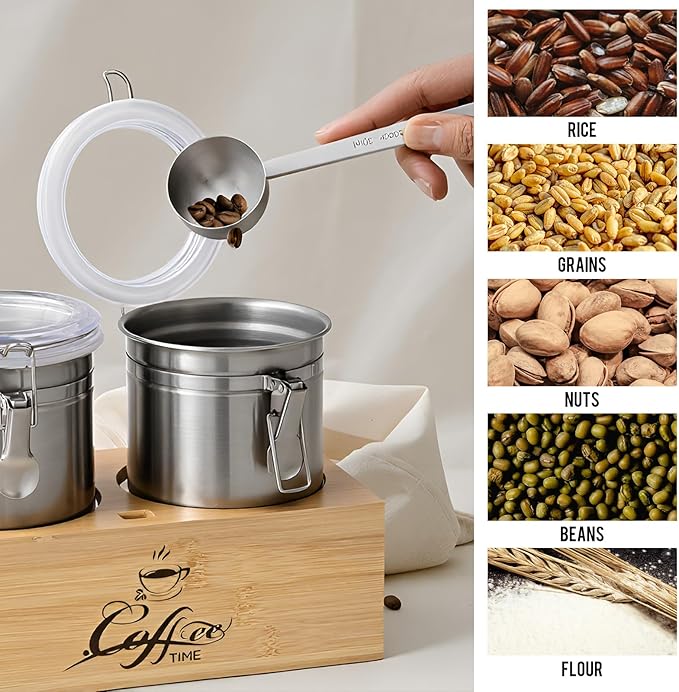 Vesici 2 Pcs Coffee Canister with Shelf & Scoop, 2 x 54 Fl oz Airtight Bean Storage Canister, Stainless Steel Coffee and Sugar Jar Set, Sugar Holder Containers for Cafe Bar Countertop, Kitchen Storage
