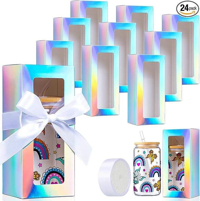 Honoson 24 Pcs Tumbler Gift Box with Ribbon for Sublimation Glass Exhibition Boxes Transparent for 12oz 16oz 20oz Drinking Cup Glasses Jars Mug Can Blanks(Laser Color)