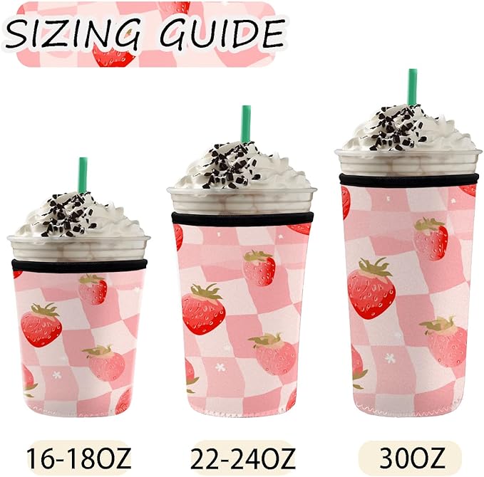 Cute Pink Insulated Coffee Sleeve for Women & Gifts Strawberry Checkered Iced Coffee Sleeve Set of 3 Fits 16oz 24oz 30oz Cups