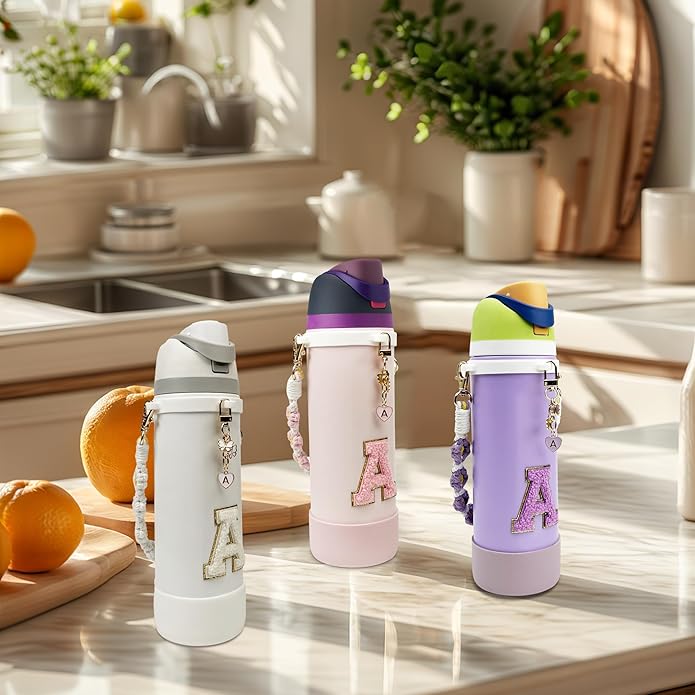 Compatible with Owala Water Bottle Accessories, Cute Letter Charm Set with Boho Handle Strap, Monogram Sticker, Silicone Ring, Keychain Decoration, for FreeSip 24 32 40oz, Owala Kids, Tumbler Gift