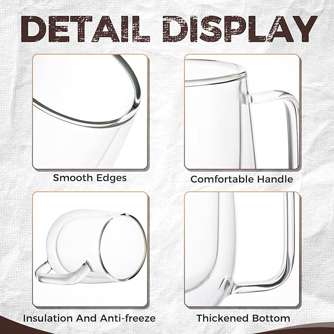 2 Pack 12 oz Double Walled Glass Coffee Mugs with handle, Thermal Insulted No Condensation Coffee & Tea Cups, Clear Mugs for Americano, Latte, Espresso, Cappuccinos Beverage