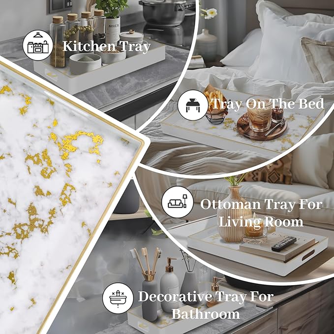 MAONAME White Decorative Tray with Handles, Plastic Serving Tray for Coffee Table, Marbling Rectangular Tray for Ottoman, Bathroom, Storage, 15.8" Lx 10.2" W X 1.4" H
