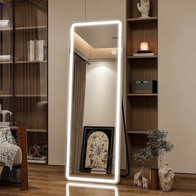 VooBang 65"x26" LED Full Length Mirror, Floor Body Mirror with Lights - 3 Color Modes, Standing Leaning Wall Mounted for Bedroom, Dressing Room White