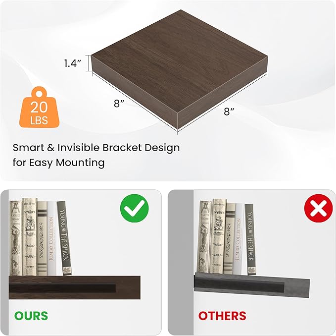 Square Floating Shelves for Wall, 7.5" W x 7.5" D x 1.4" H, Small Wooden Wall Mounted Display Shelf with Invisible Brackets for Living Room, Bathroom, Kitchen Decor, Set of 4, Walnut