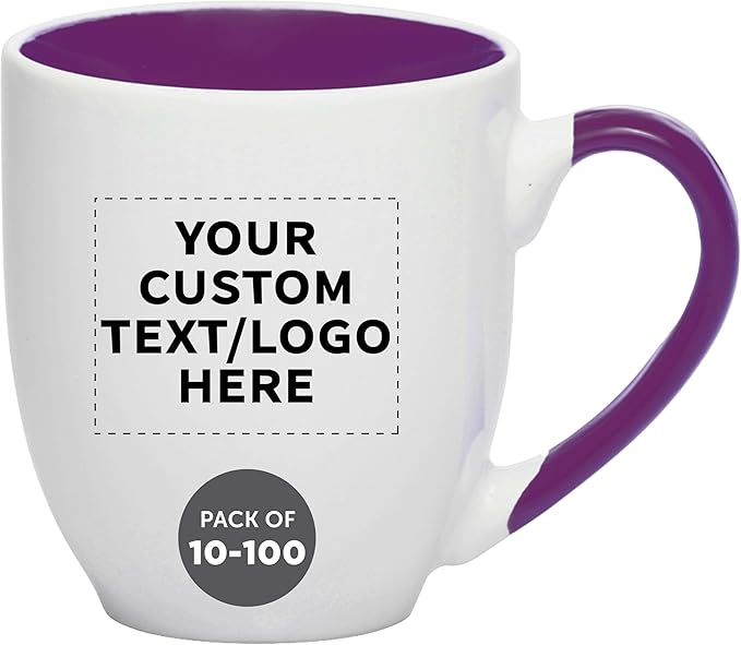 Custom Bistro Style Large Coffee Mugs 16 oz. Set of 10/50/100, Personalized Bulk Pack - Perfect for Coffee, Tea, Espresso, Hot Cocoa, Other Beverages - Purple