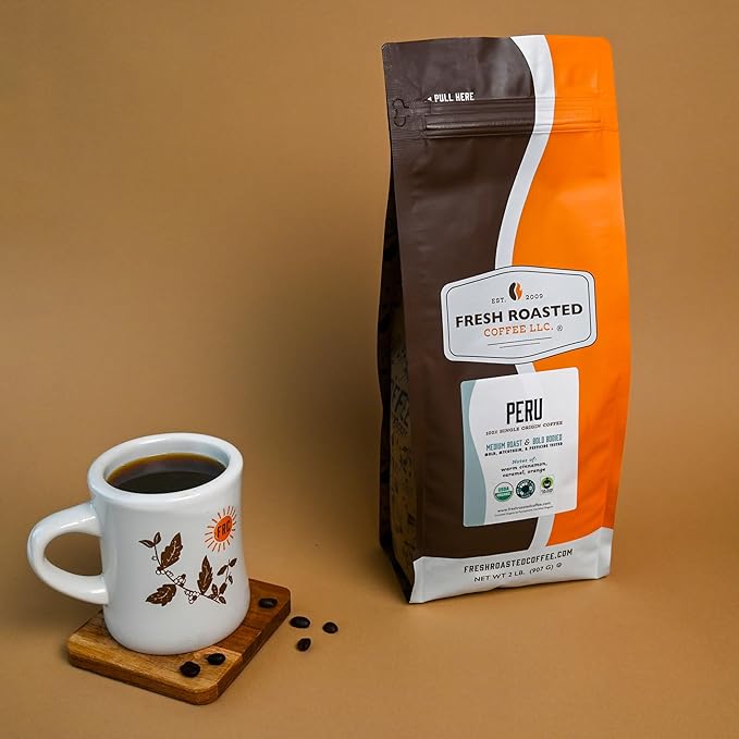 Fresh Roasted Coffee, USDA Organic Peru | 3rd Party Tested for Pesticides, Mold, Mycotoxins, Kosher | 100% Arabica, Specialty Grade, Med Roast 2 lb (32 oz) Whole Bean