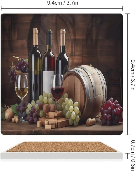 Square-4PCS Red Wine Ceramic Coasters, Square Absorbent Drink Coasters, Vintage Wood Style Red Wine Fruit Grapes Fruit Barware Ceramic Table Coasters for Coffee, Beverage, Wine, Beer Coasters