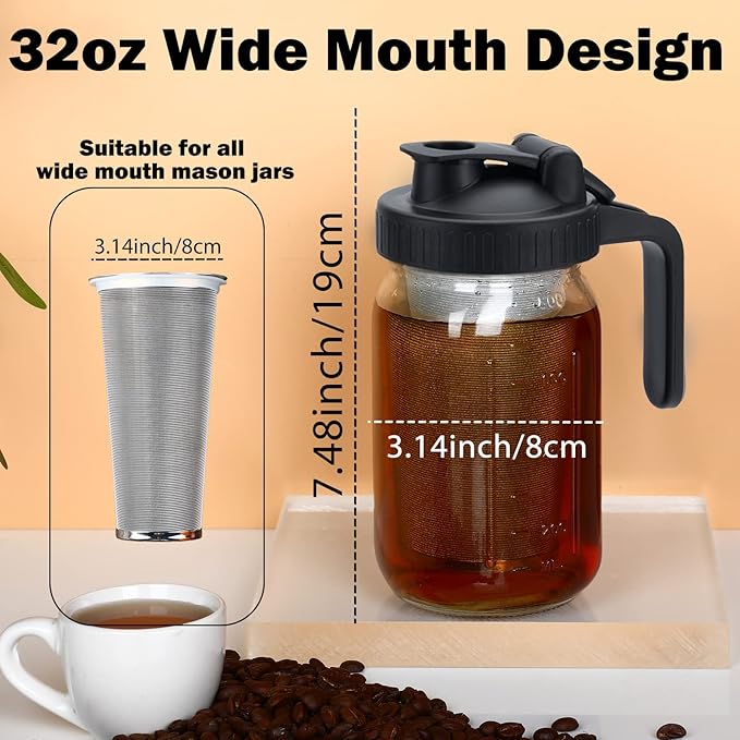 Jrssae Cold Brew Coffee Maker - 32oz Cold Brew Pitcher with Stainless Steel Super Dense Filter Easy of Use, Durable & Sturdy Classic BPA Free Sturdy Mason jar Pitcher with Black Lid Easy to Clean
