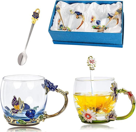 Tea Cup Glass Coffee Mugs,Fancy Tea Cup Set Birthday Christmas Valentine's Day Gift Idea for Tea Lover and Women Novelty Coffee Mugs Rose Flower Enamel Tea Cup Glass Mug with Spoon (Blue & Green)