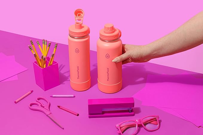 ThermoFlask 32 oz Double Wall Vacuum Insulated Stainless Steel Water Bottle with Spout Lid, Sunkissed Coral