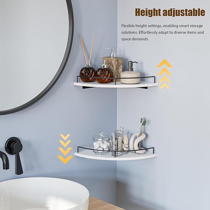 Corner Floating Shelves, Rustic Brown Wood, Set of 2, Wall Mount Storage with Guardrail for Bathroom Kitchen Living Room (White)