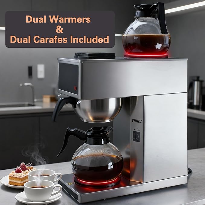 VONCI 1610W Commercial Coffee Maker, 12 Cup Drip Coffee Machine, 2 Glass Carafes and 2 Warmers, Stainless Steel Housing & Funnel, Industrial Coffee Maker for Offices, Hotels, Home