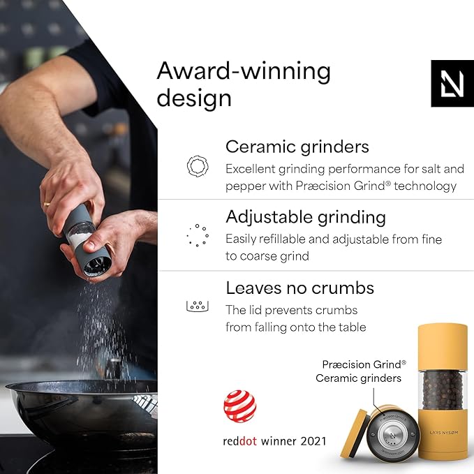LARS NYSØM Salt and Pepper Grinder Set, Manual Salt and Pepper Mills with Adjustable Ceramic Grinder, Design Spice Shaker Set (Mustard Yellow)