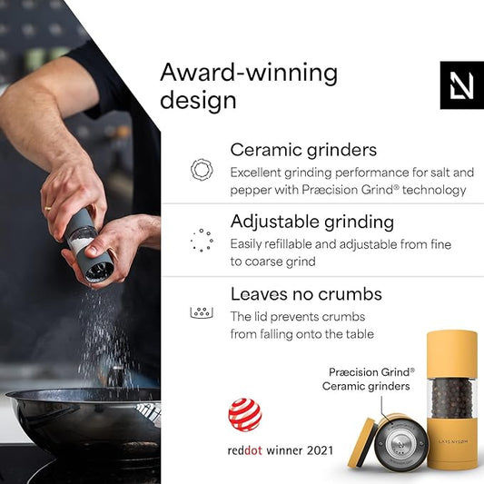 LARS NYSØM Salt and Pepper Grinder Set, Manual Salt and Pepper Mills with Adjustable Ceramic Grinder, Design Spice Shaker Set (Mustard Yellow)