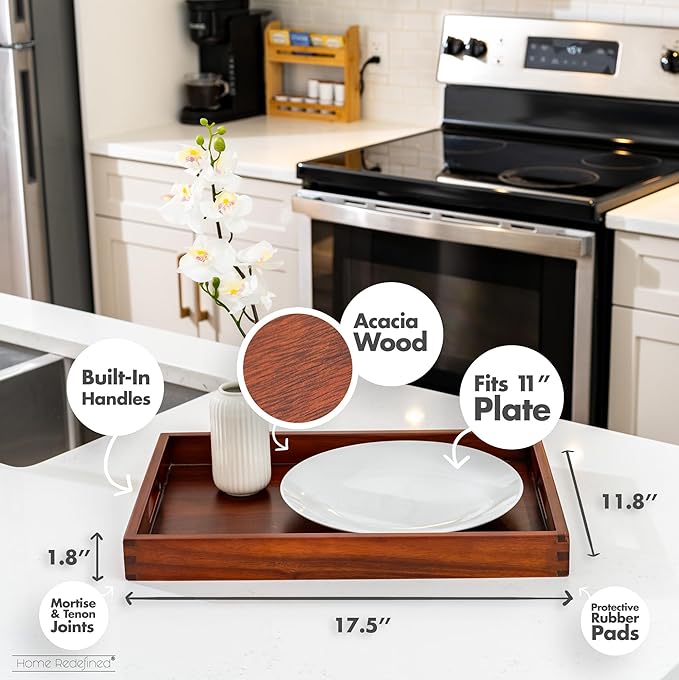 Acacia Wood Serving Tray with Handles, 17.5x12 – Decorative Serving Trays Platter for Breakfast in Bed, Lunch, Dinner, Appetizers, Patio, Ottoman, Coffee Table, BBQ, Party –Great for Lap & Couch