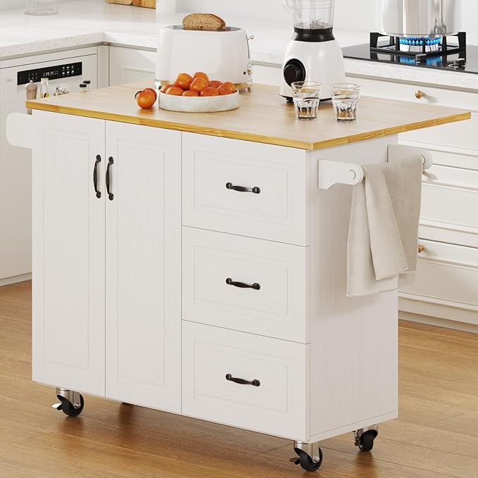 4 EVER WINNER Kitchen Island with Storage on Wheels, Rolling Kitchen Island with Spice Rack & Towel Rack, Portable Island Table for Kitchen, White