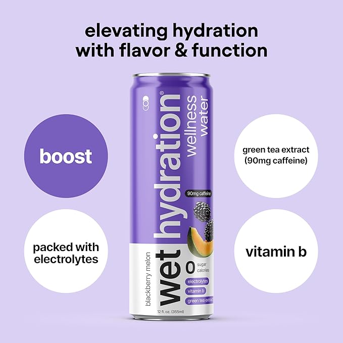 Wet Hydration | Functional Wellness Water, Non-Carbonated - Blackberry Melon (12 Ounce Cans, Pack of 12) - Flavored Water, Hydration Drink, No Sugar, No Artificial Ingredients, Zero Calories (Packaging May Vary)