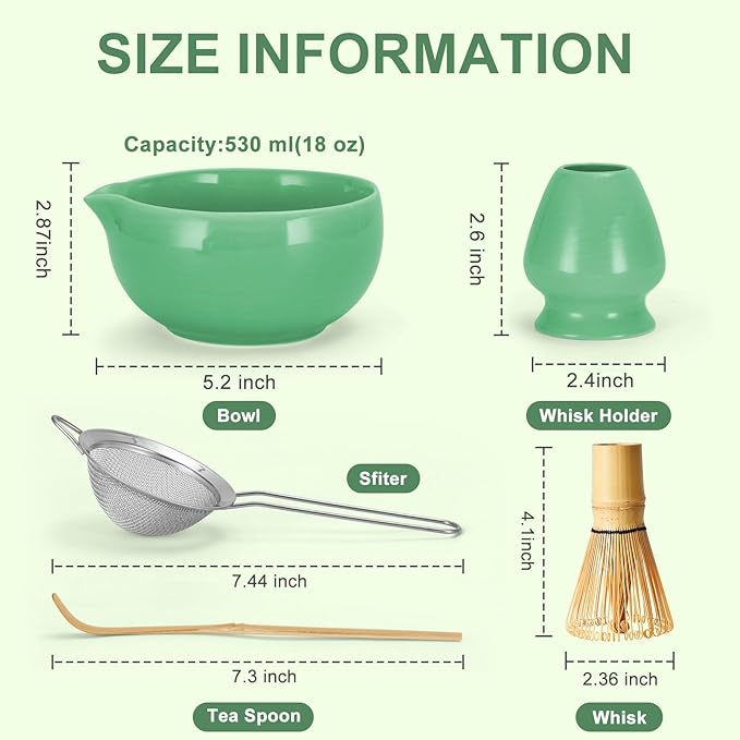 Matcha Whisk Set 5 Pcs, 18OZ Matcha Bowl With Thoughtful Spout, 100% Natural Bamboo Whisk, Ceramic Whisks Holder, 304 Stainless Sifter, Tea Scoop, Tea Spoon, Gift for Matcha Lovers Beginner