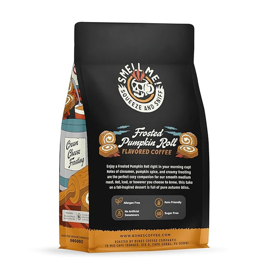 Bones Coffee Company Frosted Pumpkin Roll Flavored Coffee, Medium Roast Low Acid Arabica Beans Compatible with Auto drip and French Press Coffee Maker, 12 Oz Whole Bean