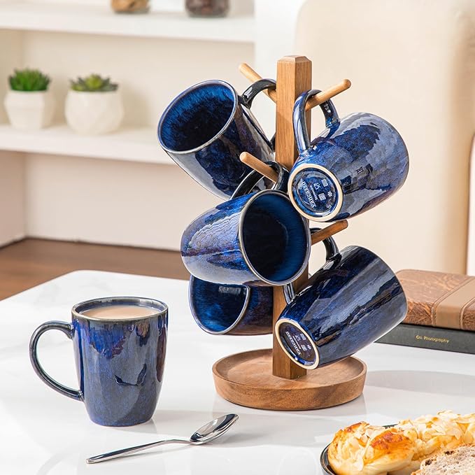 vancasso STARRY Ceramic Coffee Mug Set of 6, 12 Oz Tea Cups with Handle for Latte, Tea, Cappuccino, Milk, Cocoa, Microwave&Dishwasher Safe,Blue