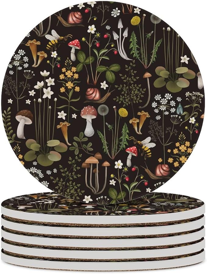 Botanical Drink Coasters, Round Ceramic Drink Coaster Round-6PCS, Cartoon Mushroom Floral Plants Pattern Botanical Decor Absorbent Ceramic Coasters for Beverage Cup, Bar, Coffee Table