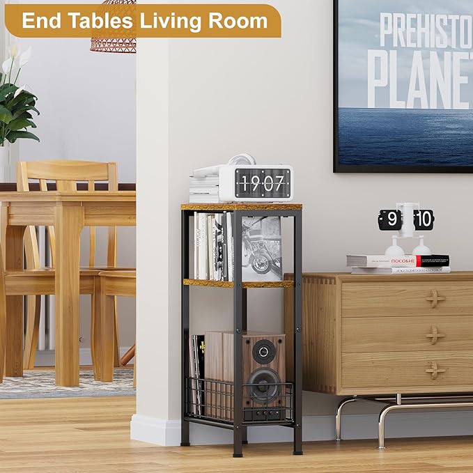 X-cosrack Narrow Side Table, Small End Table with Storage, 3-Tier Skinny Night Stand for Living Room, Bedroom, Small Spaces, Rustic Brown & Black(Patent Pending)