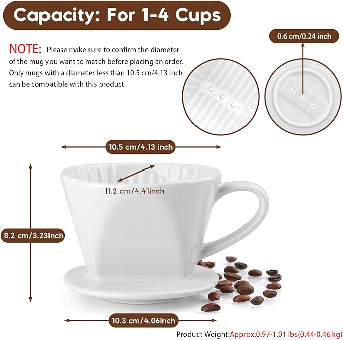 Pour Over Coffee Maker, Ceramic Pour Over Coffee Dripper, Manual Brew Maker, White Kitchen Decor and Accessories, Single Cup Porcelain Slow Brewing Accessories for Cafe Coffee Bar