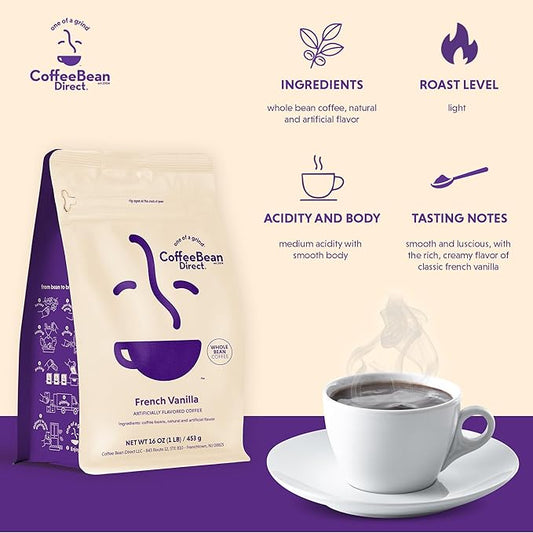 Coffee Bean Direct French Vanilla Flavored, Whole Bean Coffee, Rich Vanilla Taste, Light Roast, 1 Pound Bag (Pack of 1)