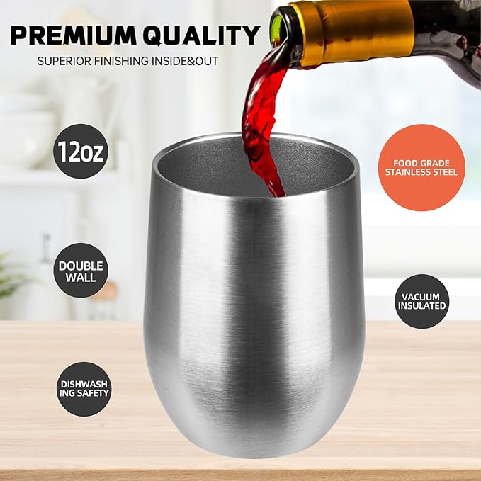 StarSpeed 12oz/8 Pack Wine Tumbler with lid, Stainless Steel Travel Mugs Stemless Double Wall Insulated Coffee Cup, Insulated Wine Glasses Travel Tumbler for Cold & Hot Drinks(Silver, 8)