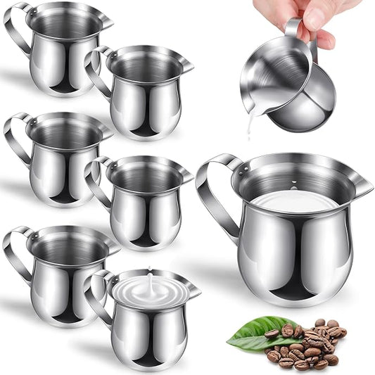 6 Pack Stainless Steel Bell Creamers 3 Ounce Creamer Pitcher Mini Coffee Milk Pitchers with Handle and Pouring Spout Cups for Serving Espresso, Tea, Milk, Maple Syrup, Sauce