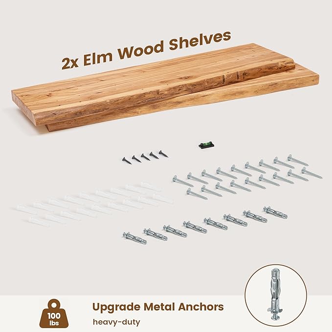 Reclaimed Elm Wood Floating Shelves for Wall, Live Edge 36" W x 9.2" D x 1.4" H, Set of 2 Invisible Wall Mounted Shelves for Living Room Bedroom Kitchen Bathroom Decor, Natural Finish