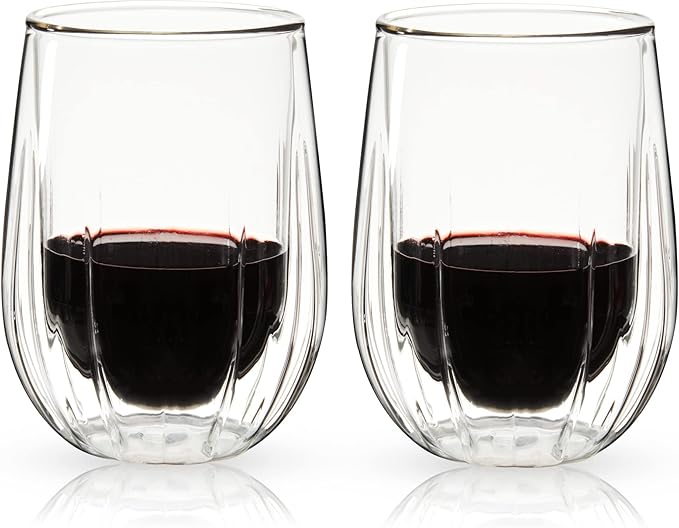 Viski Insulated Double Walled Stemless Wine Glasses, Drinking Glass with Cut Crystal Design, Home Bar Accessories, Glassware, 13 oz, Set of 2, Clear