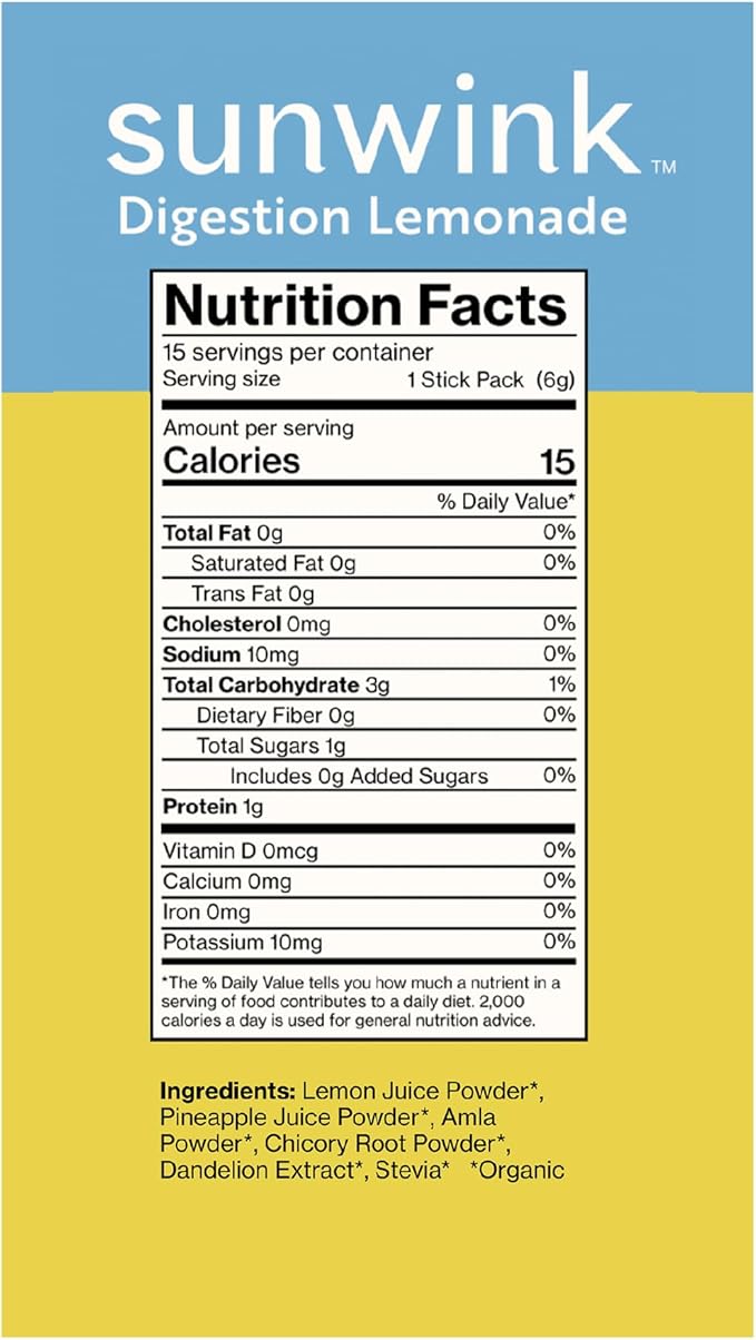 Sunwink Digestion Lemonade Powder-Organic Superfood Powder for Debloat & Gut Health-Plant-Based Support for Digestive Health with Amla Powder, Dandelion & Chicory Root Extract (6g Each, Pack of 15)