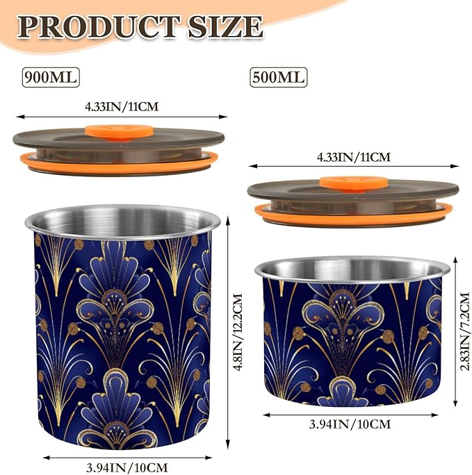 ALAZA Floral Royal Blue & Gold Damask Airtight Coffee Bean Canister 900ml Food Storage Containers with Lids For Gournd, Tea, Sugar, Flour, Rice, Cereal, Candy Cookie Jar