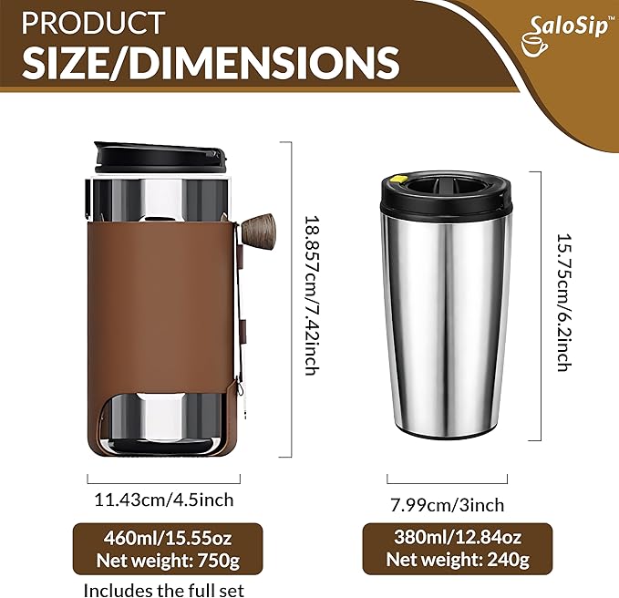 4‑in‑1 Portable 100% Manual Pour Over Coffee Maker Kit with Built‑In Grinder for Travel & Camping, No Batteries, No Cables, No Pods, Stainless Steel Components