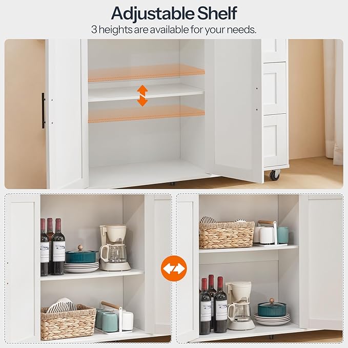 HOOBRO Kitchen Island with Power Outlet, Rolling Kitchen Island on Wheels, Island Table with 3 Large Drawers, Storage Cabinet, Spice Rack and Adjustable Shelf, White and Natural WN15UZD01