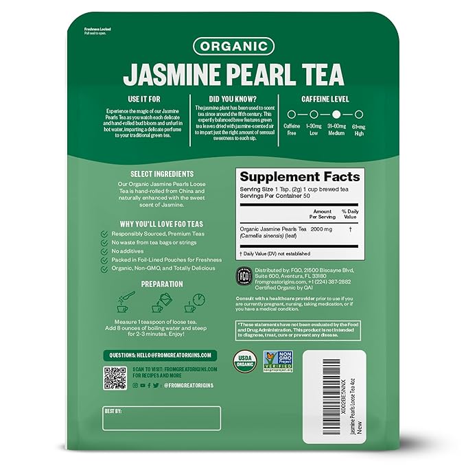 FGO Organic Jasmine Pearl Green Tea, Four Ounce, Loose Leaf, Resealable Bag, Packaging May Vary (Pack of 1)