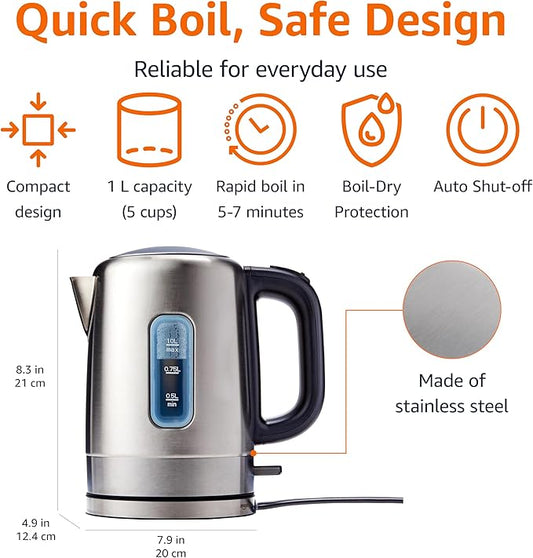 Amazon Basics Electric Stainless Steel Kettle for Tea and Coffee, BPA-Free, Fast Boiling, Auto Shut-Off, 1 Liter, 1500W, Black and Silver