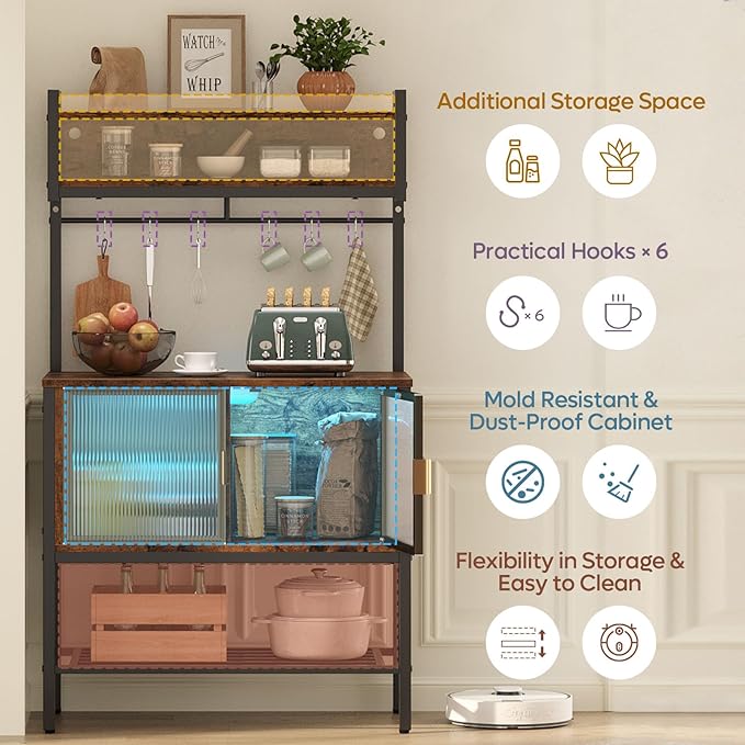 Bestier Coffee Bar with Storage, 5 Tier Microwave Stand with LED Lights, Kitchen Bakers Rack with Cabinet, Heavy Duty Storage Shelves for Kitchen Garage Pantry(Rustic Brown)