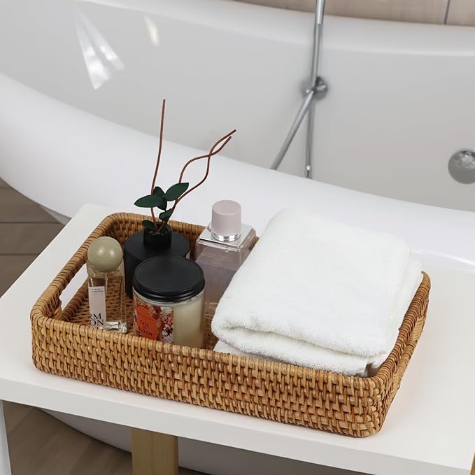 Rattan Serving Tray, Rectangle Coffee Table Tray with Handles, Decorative Ottoman Tea Tray Wicker Basket for Coffee, Bread, Fruits, Snacks, Breakfast, Drinks, Table Decor