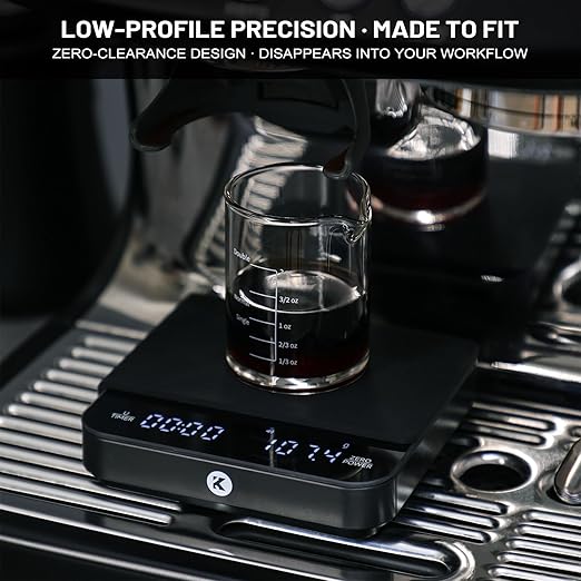 KitchenTour CaféMetric Coffee Scale with Timer 0.1g/2000g - Precision Small Scale for Espresso & Pour Over - Mini Scale with LED Display (Black, AAA Battery)
