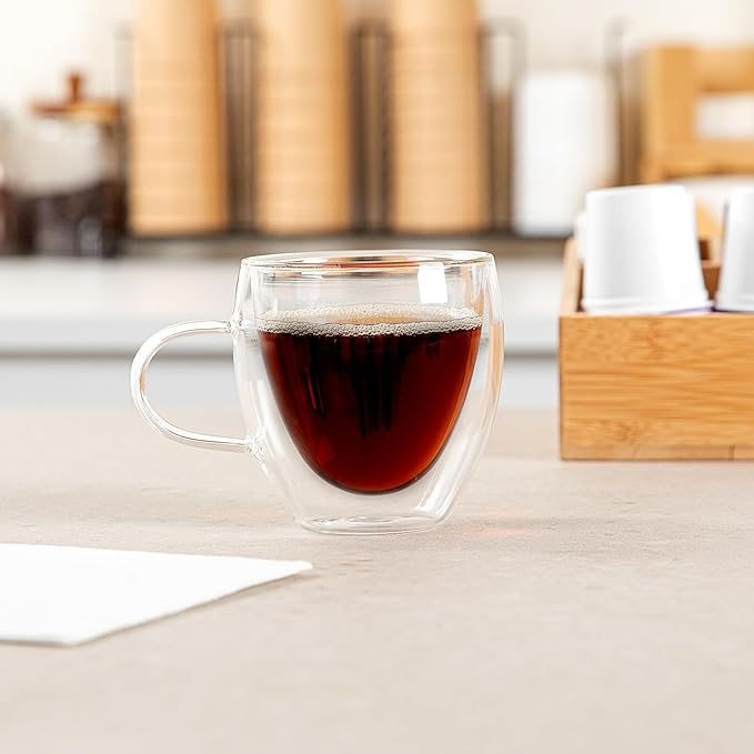 Restaurantware Coffee Cup 12 Pack of 5 oz Insulated Double-Wall with Handle Glass Borosilicate Coffee Cup Espresso Shot Dishwasher Safe For Hot Drinks