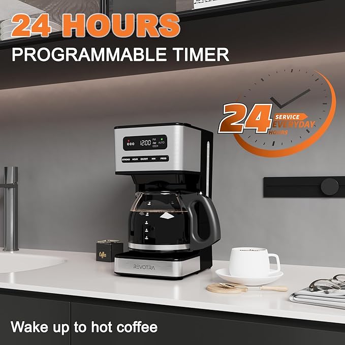 REVOTRA 12-Cup Programmable Coffee Maker, Regular & Strong Brew Drip Coffee Machine, 1-4 Cup and Ice Coffee Setting, 24H Timer, Auto Shut-Off, Keep Warm, Pause & Serve